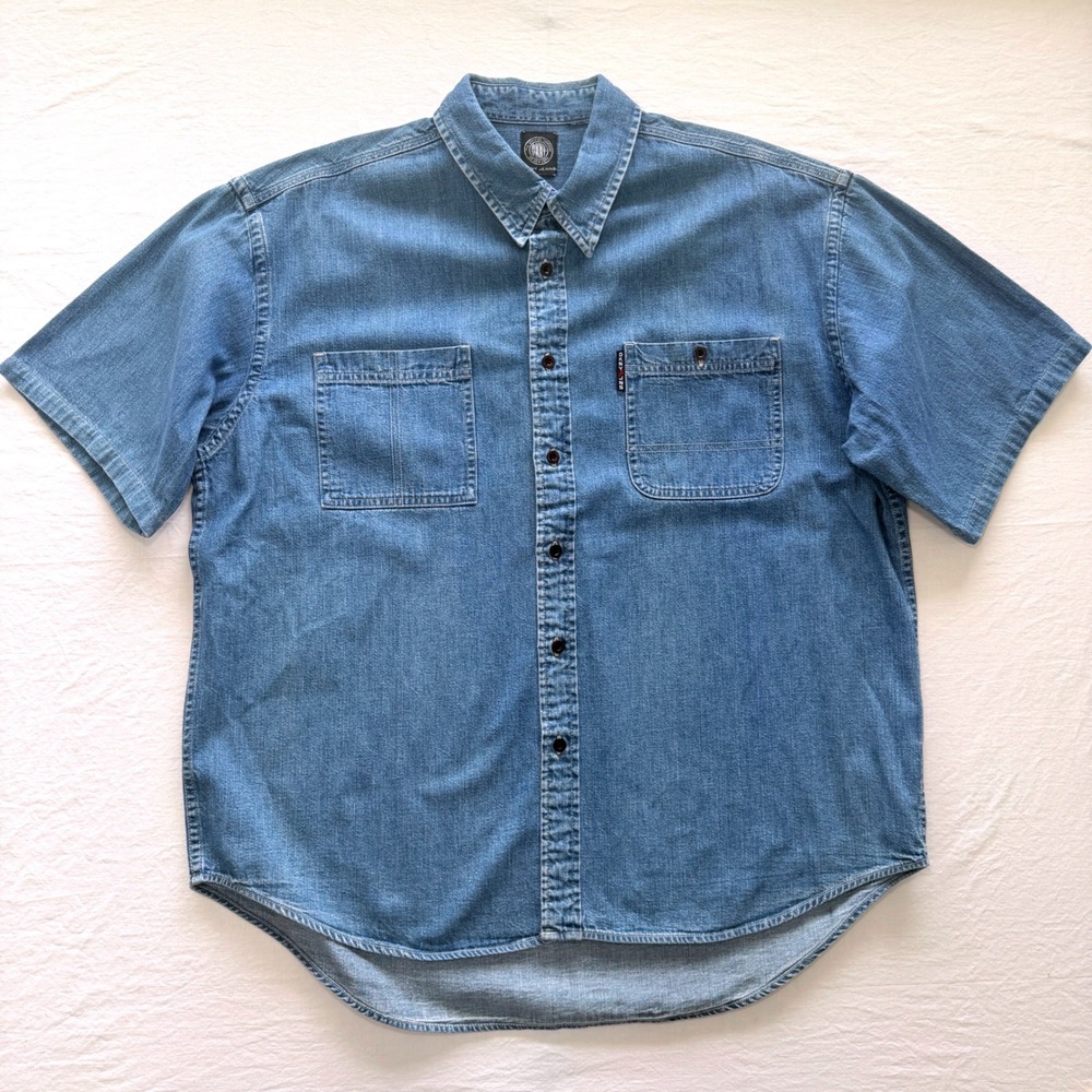 DKNY Jeans Denim Shirt Mens Estimated L Blue Short Sleeve Button Up with Pockets